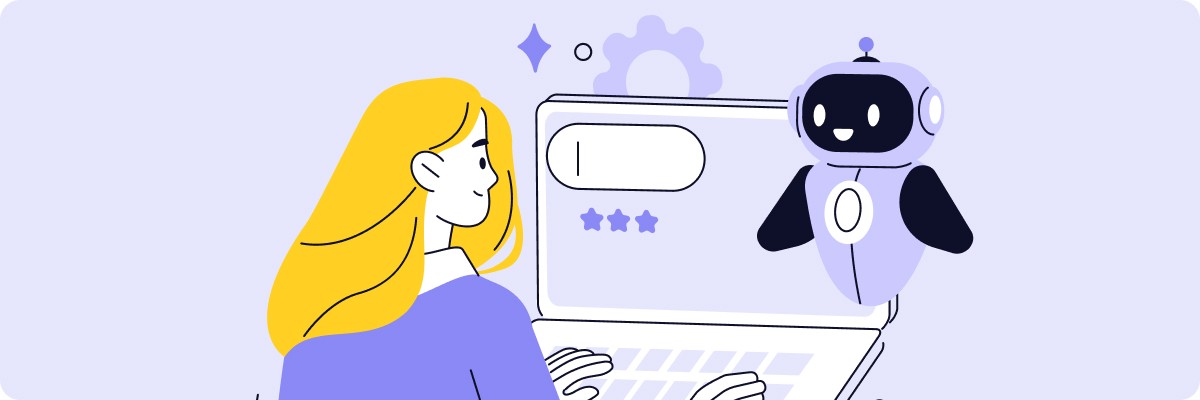 Illustration d'une femme travaillant sur son ordinateur, assistée par un robot IA.