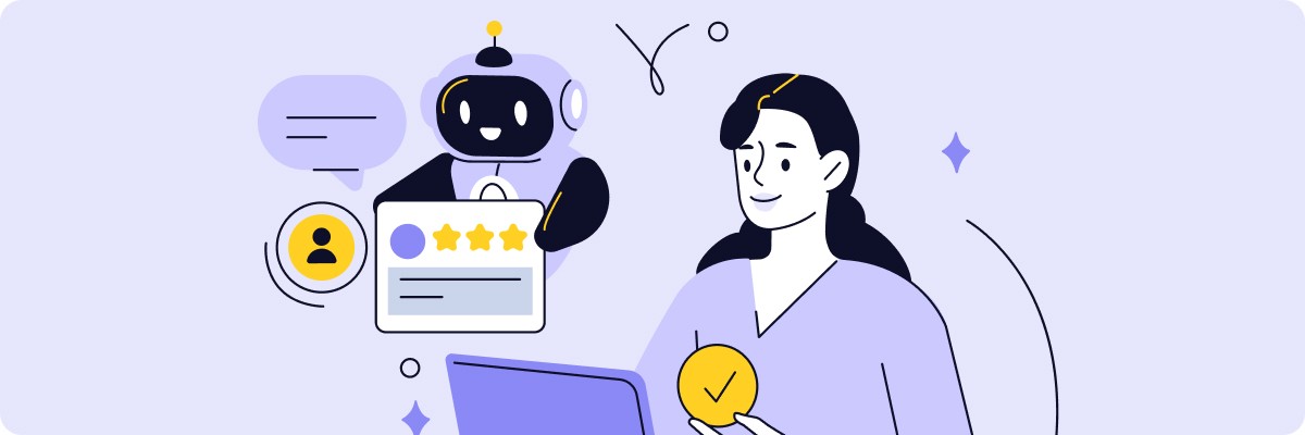 Illustration d'une femme validant une tâche avec un badge doré, assistée par un robot IA. Symbole de succès.
