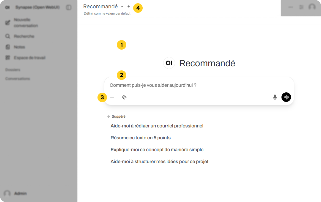 L'espace de conversation principal de Synapse. Il montre la fenêtre de discussion, la barre de saisie et la barre d'outils.