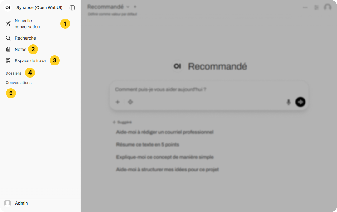 Panneau de navigation gauche montrant les sections Nouvelle conversation, Recherche, Notes, Espace de travail et Dossiers.