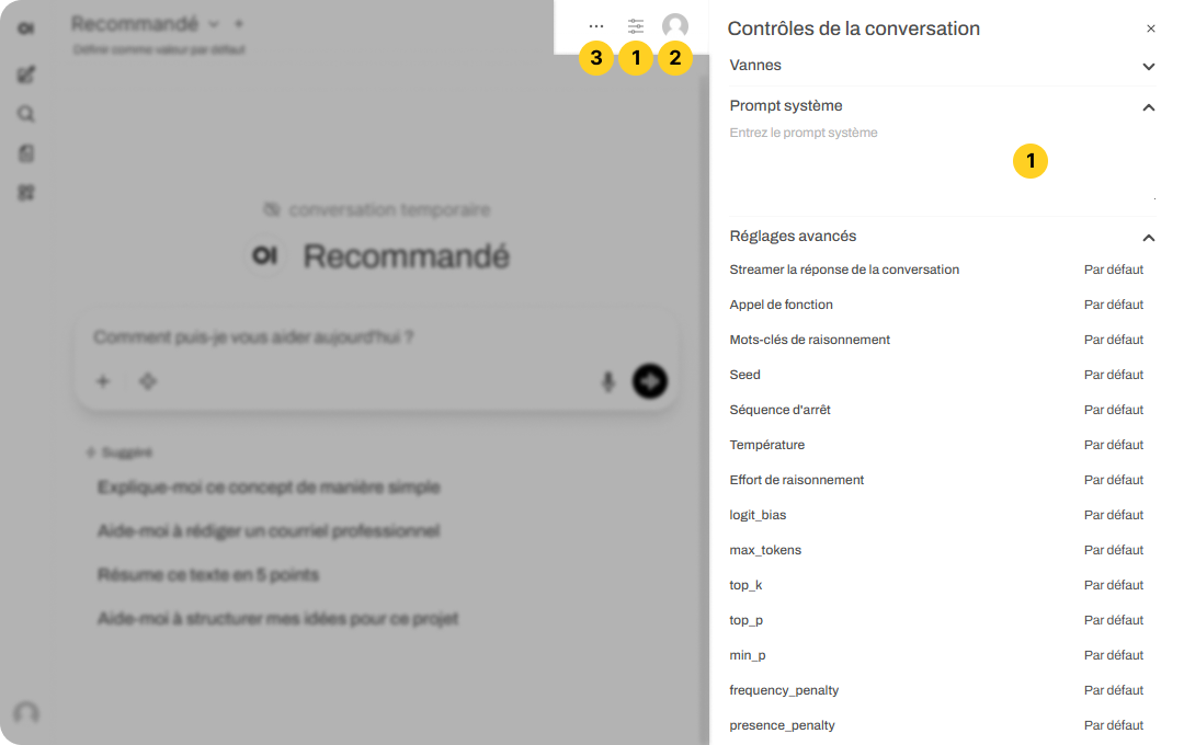 Le panneau de droite affichant les Contrôles de la conversation. Il montre le champ Prompt système et les réglages avancés.
