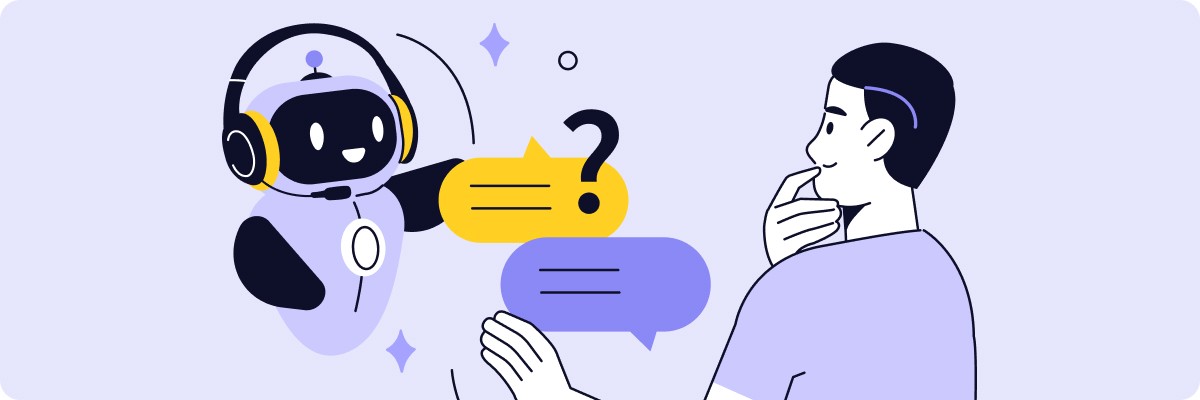 Illustration d'un homme qui réfléchit en conversant avec un robot IA, symbolisant la clarification d'une demande.