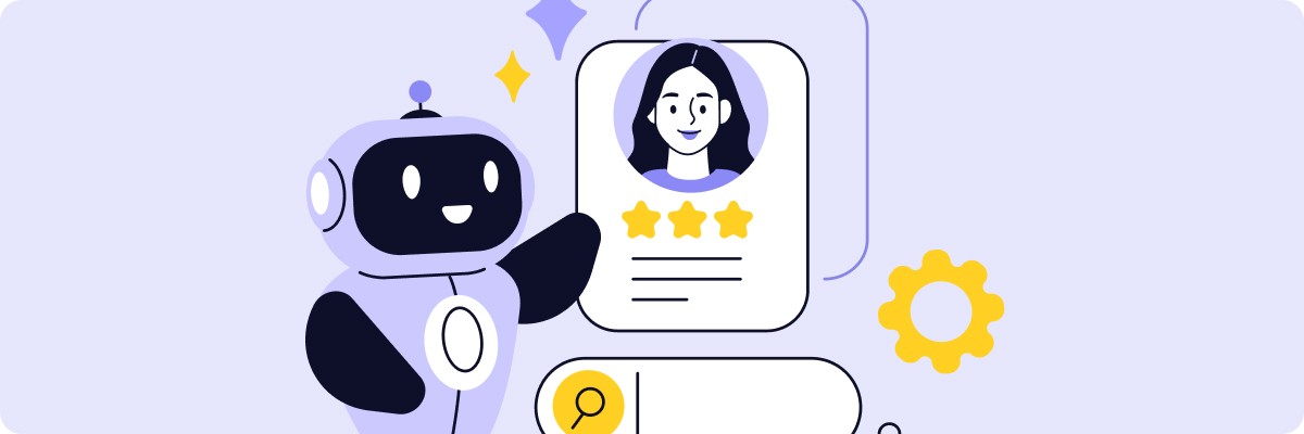 Illustration d'un robot IA amical présentant un profil utilisateur avec une photo et une évaluation par étoiles.