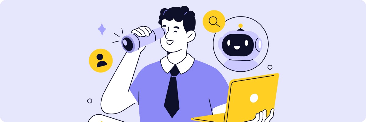 Illustration d'un homme utilisant une longue-vue, symbolisant la recherche d'opportunités avec l'aide d'un robot IA.